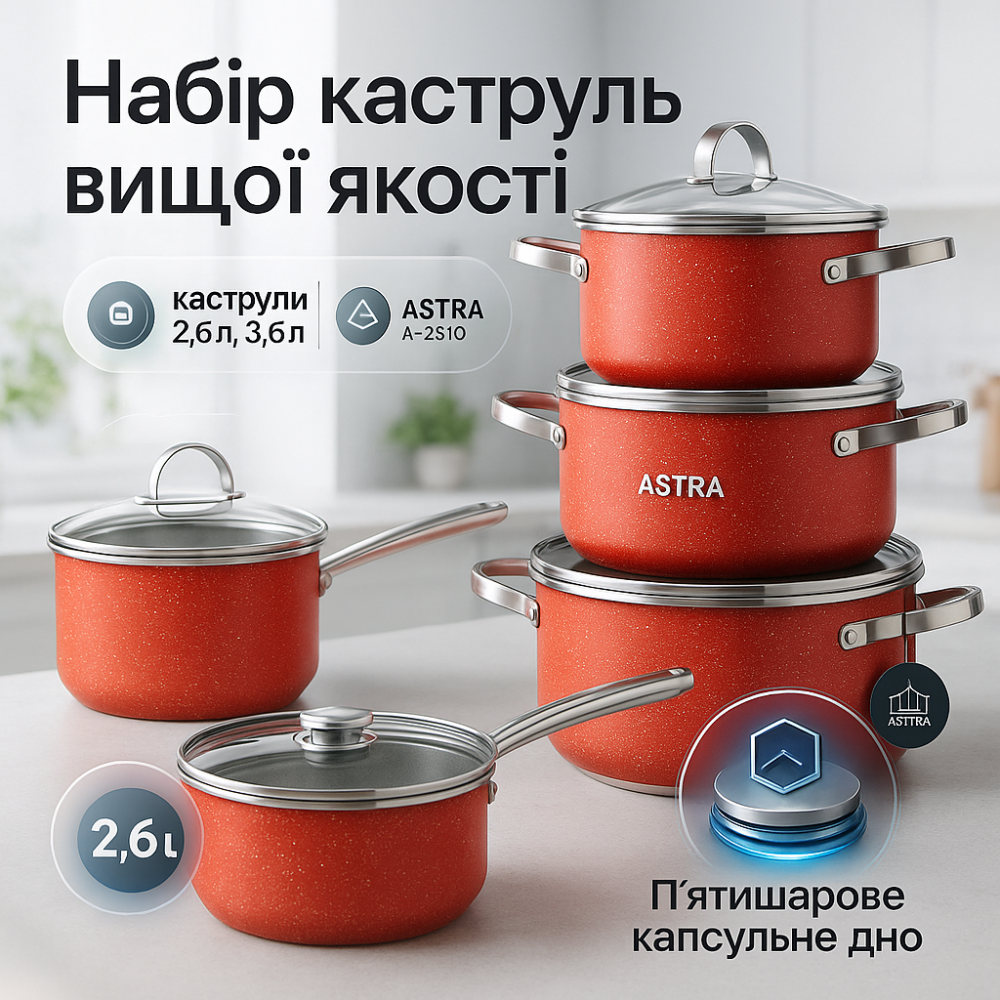 Якісна посуд каструлі 10 предметов ASTRA A-2510, Каструля з нержавіючої сталі, Каструля гарної якості ZN-83 Львів - фото 15
