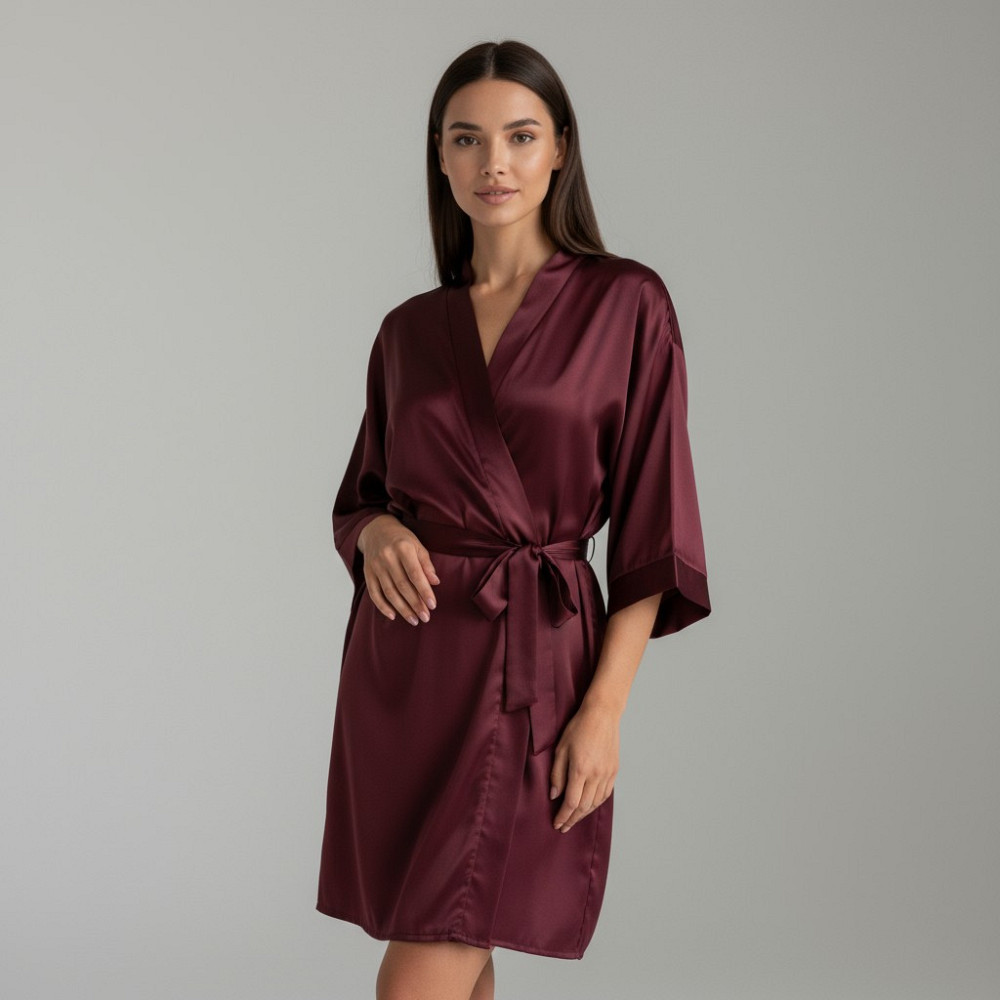Халат женский шелковый под пояс длина 90см Бордовый 3XL/4XL Харьков - изображение 2