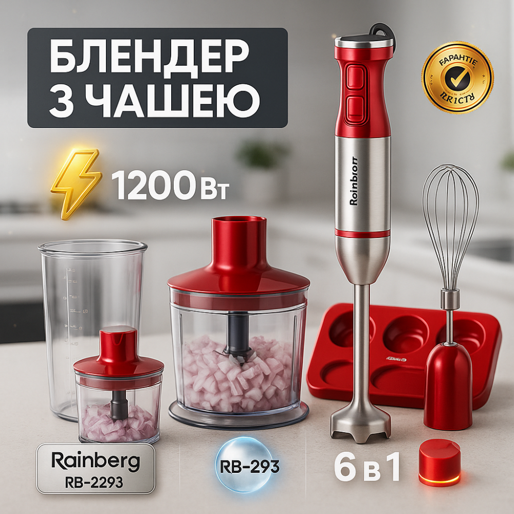 Багатофункціональний блендер 6в1 Rainberg RB-2293 1200Вт кухонний подрібнювач ручний блендер міксер Red RA-43 Львів - фото 14