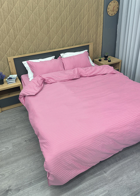Комплект постельного белья Страйп-сатин Двуспальный 180х220 с простыней на резинке Розовый (88-179) Киев - изображение 4