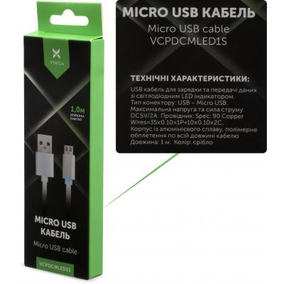 Дата кабель USB 2.0 AM to Micro 5P 1m LED silver Vinga (VCPDCMLED1S) Вінниця - фото 4