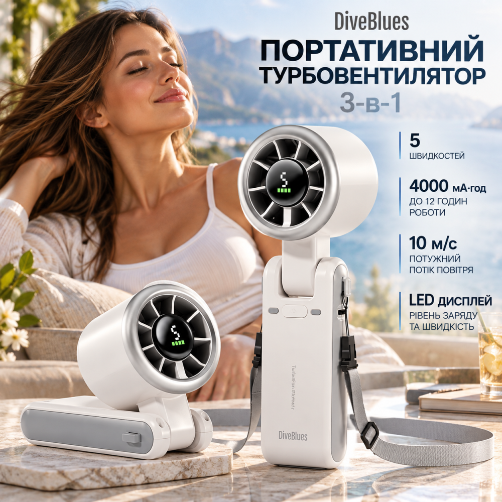 Портативний турбовентилятор Diveblues 3-в-1, 5 швидкостей, акумулятор 4000 мА·год, до 12 годин роботи, дисплей, 10 м/с, сріблястий Київ - фото 1