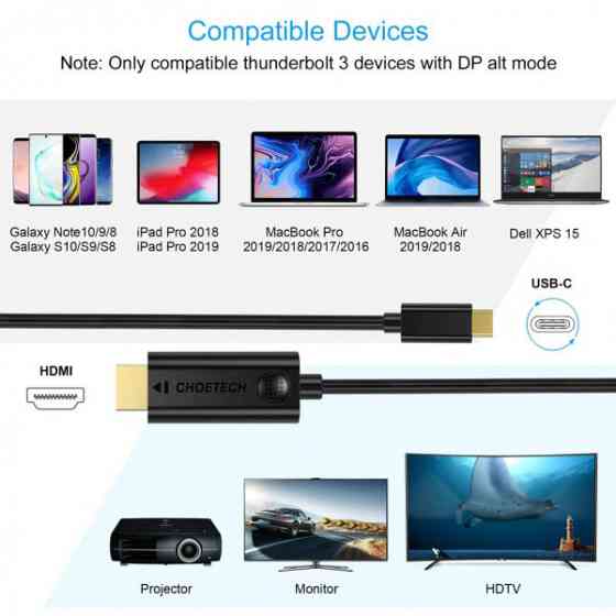 Кабель USB 3.1 Type-C M - HDMI M, 3.0m Thunderbolt 3 чорний Choetech (XCH-0030) Київ
