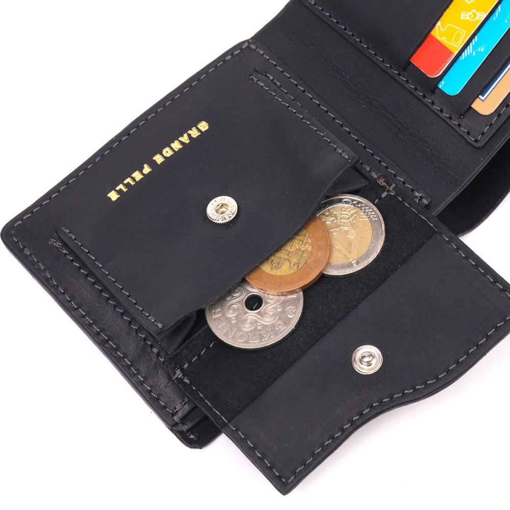 Добротное кожаное портмоне из винтажной кожи в два сложения Слава ЗСУ GRANDE PELLE 16734 Черный Киев - изображение 4