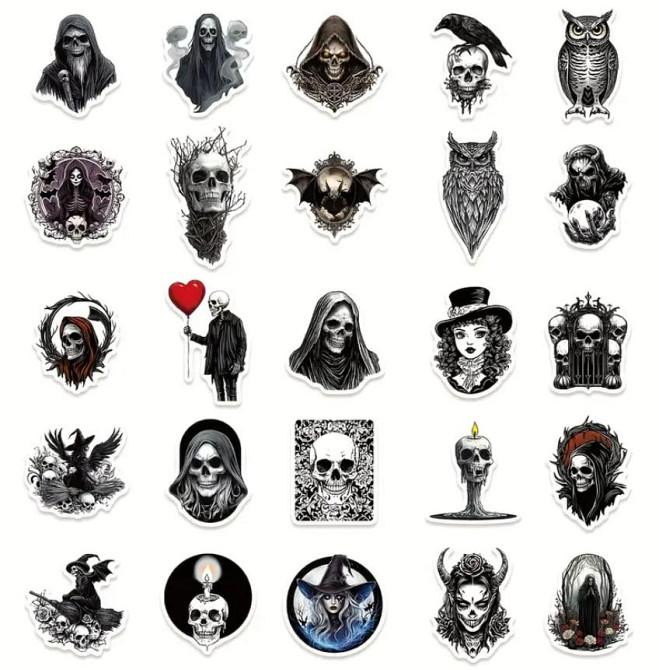 Набір вінілових наліпок 50 шт – черепи, скелети, готичні, рок, хелловін, водостійкі наклейки для ноу Київ - фото 4