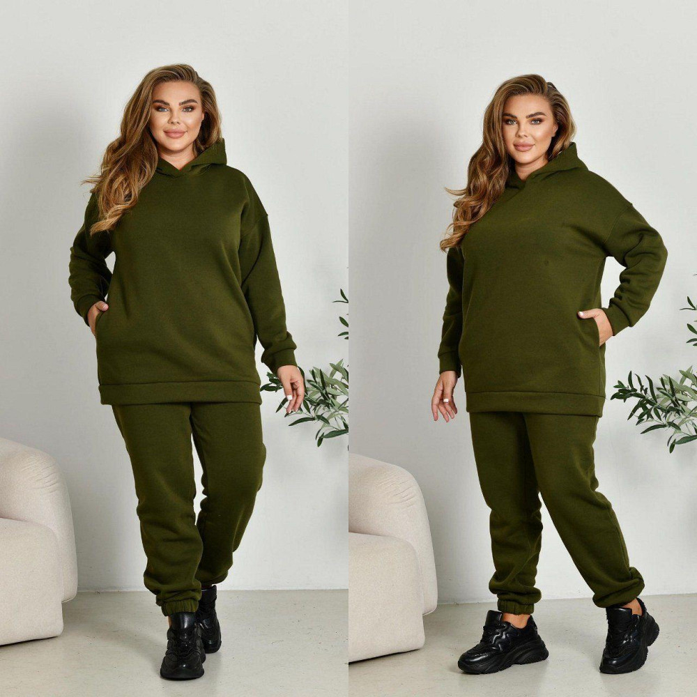 Женский прогулочный костюм: худи и штаны батал в спортивном стиле трехнитка на флисе Хаки, 52/54 Одесса - изображение 1
