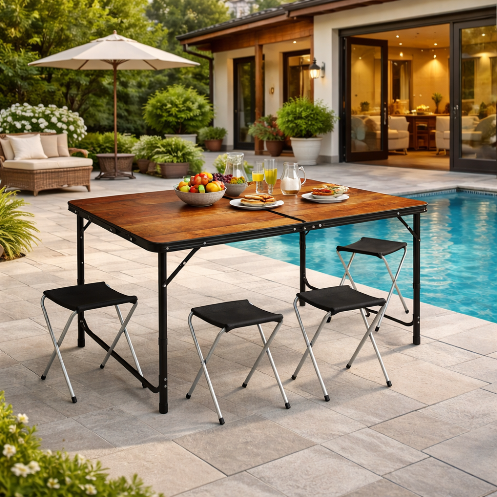 Розкладний туристичний стіл-валіза (120 х 60 см) + 4 стільці, комплект садових меблів, Коричневий (імітація дерева) Київ - фото 13