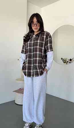 Женский повседневный костюм двойка: рубашка в клетку и штаны турецкая фланель + двунитка Шоколадный Одесса