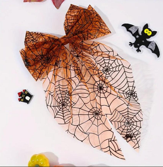 Бант для волосся з органзи з принтом павутинки, помаранчевий – 16×28 см Київ - фото 1