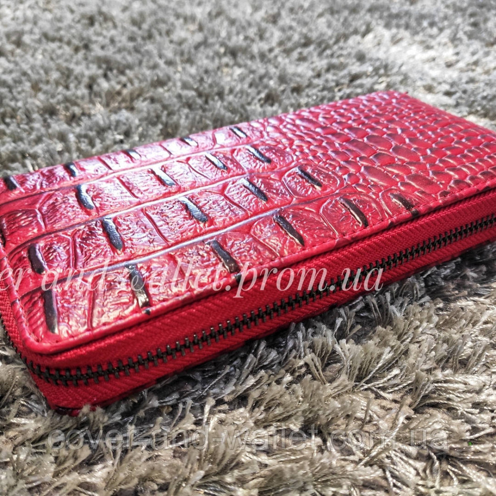 Червоний жіночий гаманець на блискавці з тисненням під крокодила Київ - фото 1