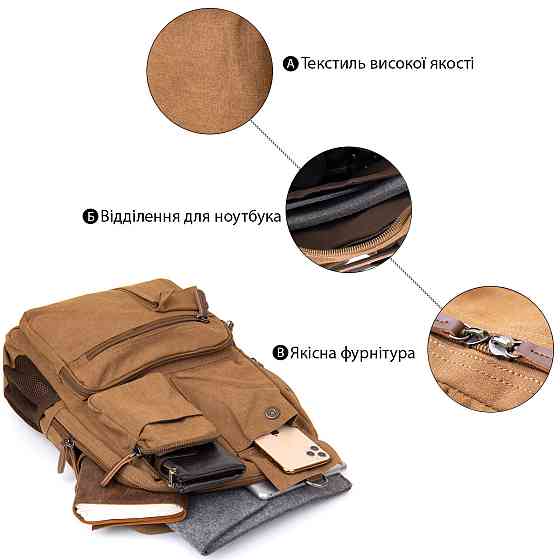 Рюкзак текстильный дорожный унисекс Vintage 20619 Коричневый Киев