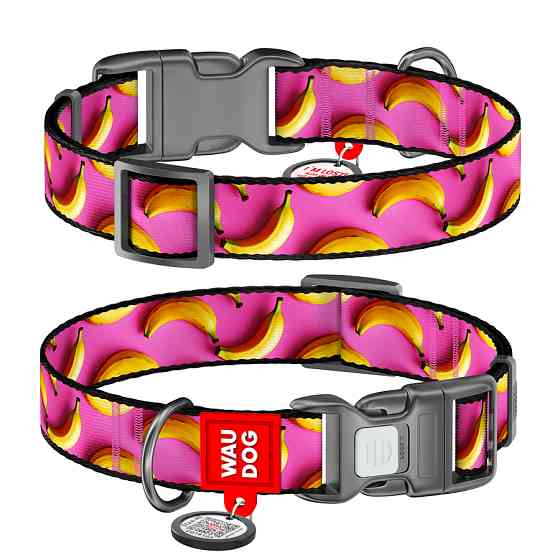 Нашийник для собак нейлоновий WAUDOG Nylon з QR паспортом, малюнок "Банани на рожевому", пласти Коломия
