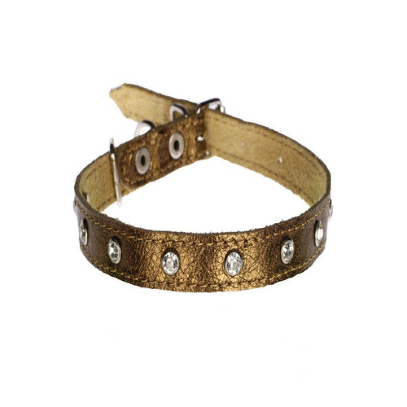 Нашийник 1241 12мм "Перламутр" шкіряний подвійний прикрашений стразами Золотий Вінниця - фото 1