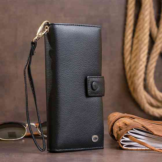 Оригінальний гаманець шкіряний жіночий на хлястику з кнопкою ST Leather 19280 Чорний Київ