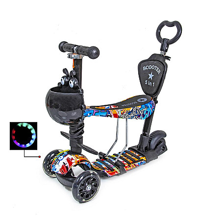 Дитячий самокат 5в1 з сидінням та батьківською ручкою Scooter, з малюнком "Графіті" Одеса - фото 1