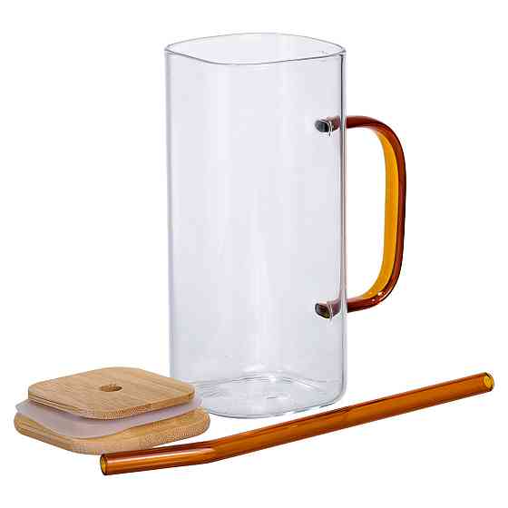 Скляна чашка 400 мл з бамбуковою кришкою і золотистою трубочкою HP-19-146GOLD SBR Київ