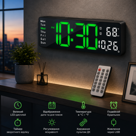 Цифровые настенные часы DS-6629 с зелеными LED-цифрами, пультом, температурой, датой, будильником, таймером, USB Киев