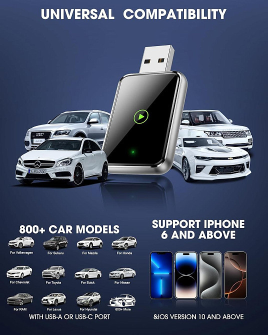 CarPlay бездротовий адаптер для iPhone, перетворення дротового карплей у бездротовий, iOS 12+, USB Type-C для айфону Київ - фото 7