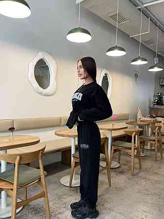 Жіночий теплий оверсайз костюм-двійка з накатом тринитка на флісі + турецька РИБАНА Чорний, 42/46 Одеса