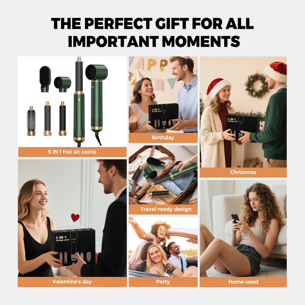 Фен-стайлер OKWRAP Hair Styler 5 в 1, 1000 Вт, фен-щітка з Coanda, 3 режими, іонізація, насадки для локонів, зелений Київ - фото 9