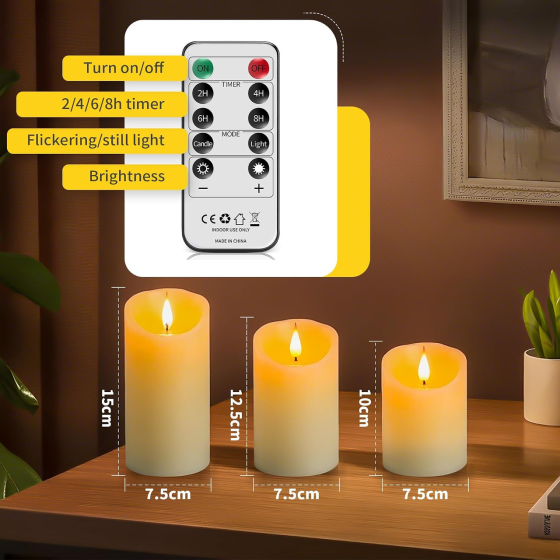 LED-свічки Broyal 3 шт акумуляторні, натуральний віск, пульт, таймер 2/4/6/8 год, 5 рівнів яскравості Київ