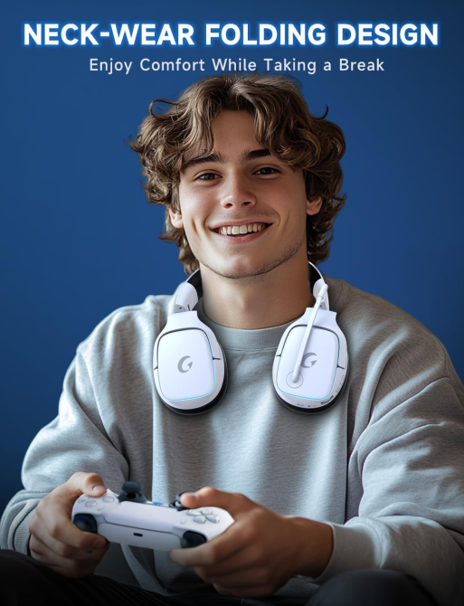 Игровые наушники Gvyugke беспроводные 2.4 ГГц Bluetooth 5.3, 7.1, 50 мм, 70 ч, микрофон, LED, для PS5 PS4 ПК Switch, белые Киев - изображение 4