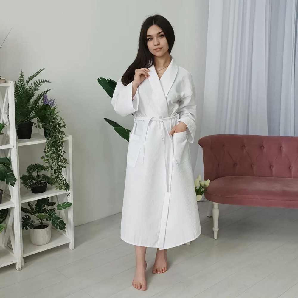 Вафельный женский халат Кимоно YouStar 100% хлопок размер XL (56-58) 200 г/м2 (Белый) Сумы - изображение 1