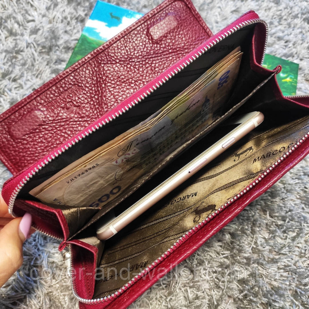 Бордовый кожаный женский кошелек клатч на молнии и магнитах Marco Coverna Киев - изображение 5