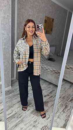 Женская оверсайз рубашка в клетку турецкая фланель Беж 2, 50/56 Одесса