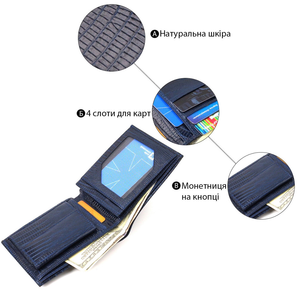 Фактурный стильный кошелек для мужчин без застежки горизонтального формата из натуральной кожи с тиснением Синий (CANPELLINI) Киев - изображение 8