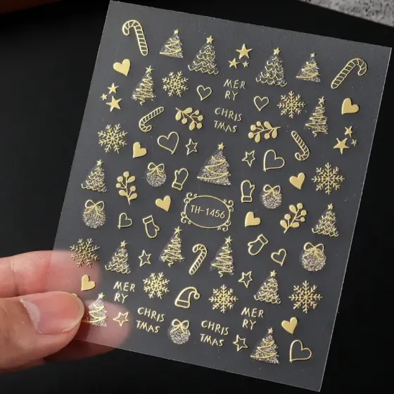 Новогодние наклейки для ногтей с золотым тиснением – набор 2 листа Киев