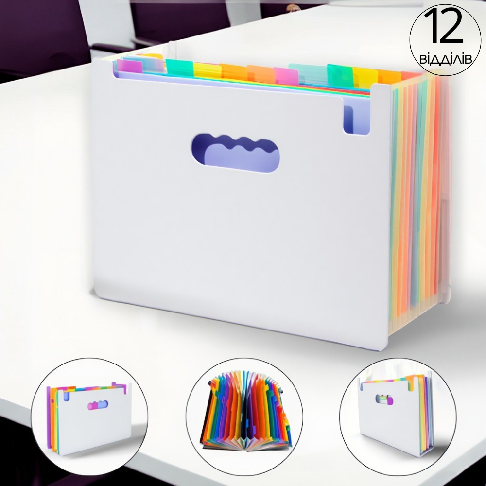 Папка-органайзер для хранения документов и файлов формат А4 на 12 отделений,,с цветными вкладками,черная 330x240x20 мм Каменец-Подольский - изображение 1