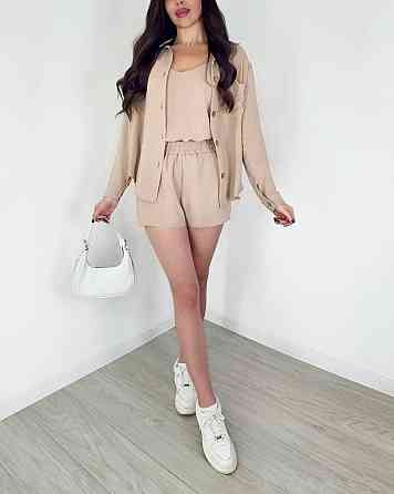 Жіночий легкий костюм-трійка: сорочка, майка та шорти креп жатка Беж, 42/44 Одеса