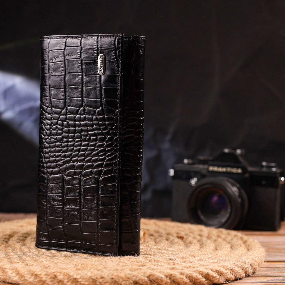 Женский кошелек с монетницей из натуральной фактурной кожи Черный (CANPELLINI) Киев - изображение 2