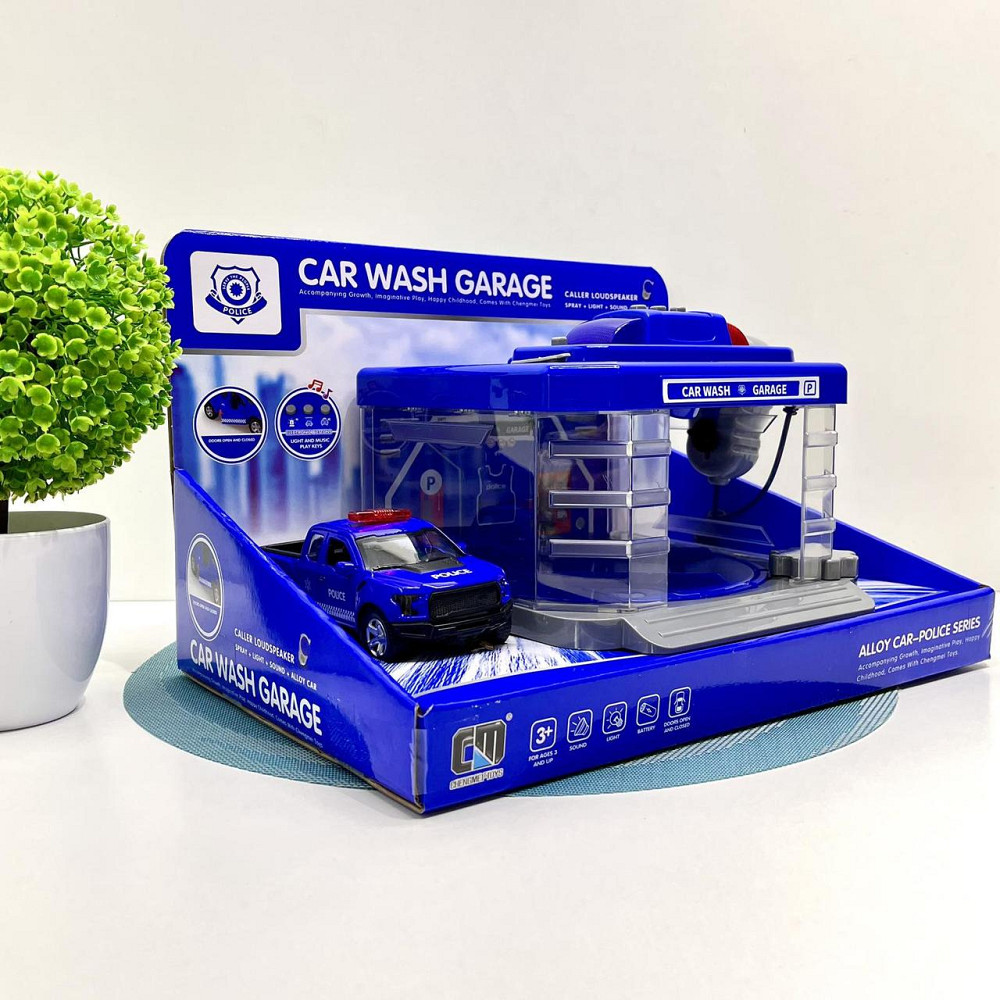 Набір Поліцейський автомийка металопластикова машинка підсвічування парогенератор звуки рухомі елементи мікрофон Синій (CLM 888) Чернигов - изображение 1