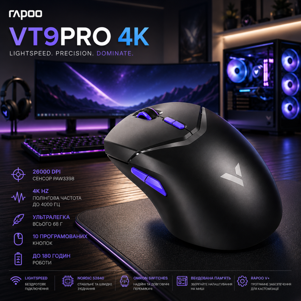 Беспроводная игровая мышь RAPOO VT9Pro 4K Black: 26000 DPI, частота 4000 Гц, сенсор PAW 3398, 68г, до 180 ч работы, 10 кнопок Киев - изображение 12