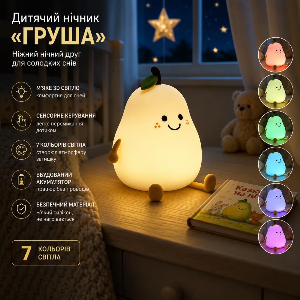 Дитячий нічник «Груша» 3D LED — м’яке світло, сенсорне керування, 7 кольорів, акумулятор, ніжний нічний друг Київ - фото 11