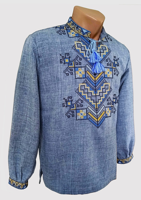 Мужская вышиванка в джинсовом цвете на длинный рукав Дерево жизни 58 Киев - изображение 1