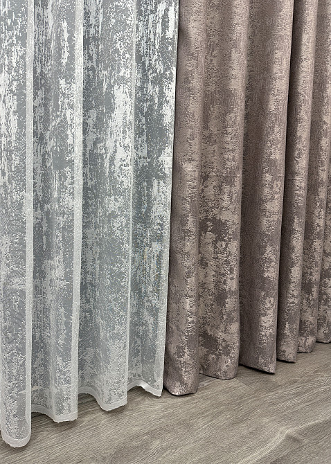 Комплект штор VR-Textil Жаккард Мрамор 100х270 2шт и Тюль 300х270 1669ш-1400т Какао с белым 71-008/1 Киев - изображение 8