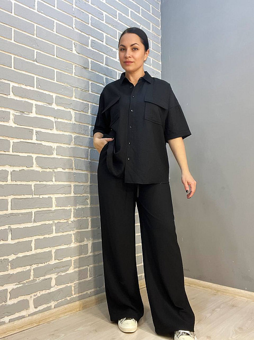 Костюм жіночий Mix Ray 4218 тканина жатка сорочка на гудзиках кишені та широкі штани на резинці чорний, чорний, S Київ - фото 1