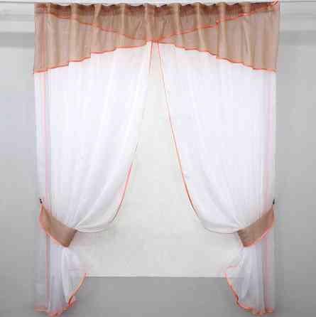 Кухонные шторы VR-Textil № 091к с ламбрекеном и подвязками персиковый с белым 260х170 см (59-774) Киев