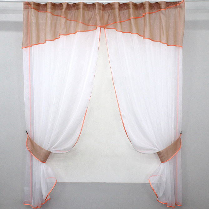 Кухонні штори VR-Textil № 091к з ламбрекеном і підв'язками персиковий з білим 260х170 см (59-774) Київ - фото 1