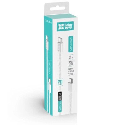 Дата кабель USB-C to USB-C 2.0m (braided cotton) (PD Fast Charging 60W) 3.0А grey ColorWay (CW-CBPDCC068-GR) Вінниця - фото 3