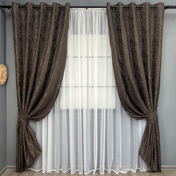 Комплект штор на люверсах VR-Textil Льон мармур Pavliani ХО № 1910ш Венге 150х250 см 2 шт (37-0321) Київ - фото 2