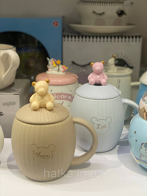 Кухоль чашка кераміка з кришкою і ложкою Olens "Їжачок" 400 мл білий з їжачком Київ - фото 4