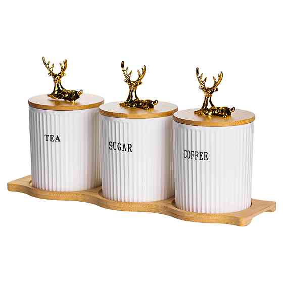 Yiwu Набір порцелянових банок для сипучіх на бамбуковій підставці 3 шт. по 400 мл для чаю кави Коломыя