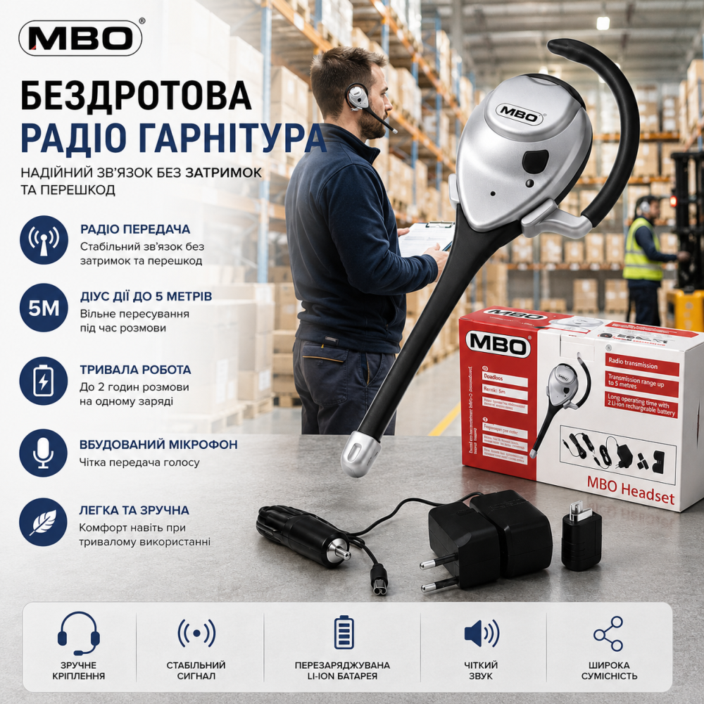 Бездротова радіо-гарнітура MBO для авто та офісу: надійний зв'язок, 2 акумулятори в комплекті, чистий звук без перешкод та дротів Київ - фото 6