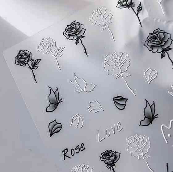Слайдер для ногтей розы чёрно-белые 7.2×9.2 см — наклейки nail art Rose Love Charm, 1 лист Киев