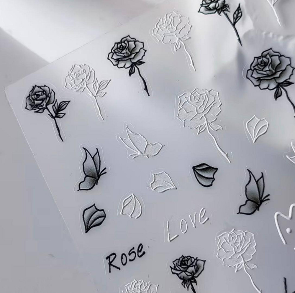 Слайдер для ногтей розы чёрно-белые 7.2×9.2 см — наклейки nail art Rose Love Charm, 1 лист Киев - изображение 1