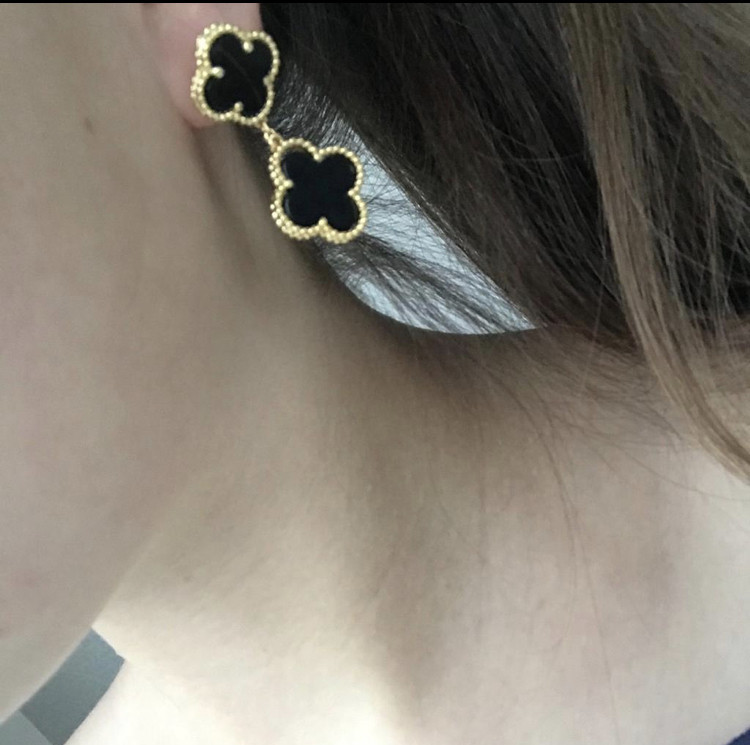 Сережки чорні Vancleef Ванкліф срібло два квіточки Одеса - фото 2